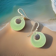 SEAGLASS LIME GREEN PUFFY HOOP EARRINGS WITH SILVER TONE FRENCH WIRES