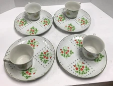 Vintage Enesco 1975 Swiss Strawberry Dot Snack Desert Plate & Tea Cups Set Of 4