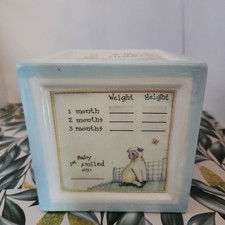 Vintage porcelain 1 year milestone bank, 1998 " A block to grow on".