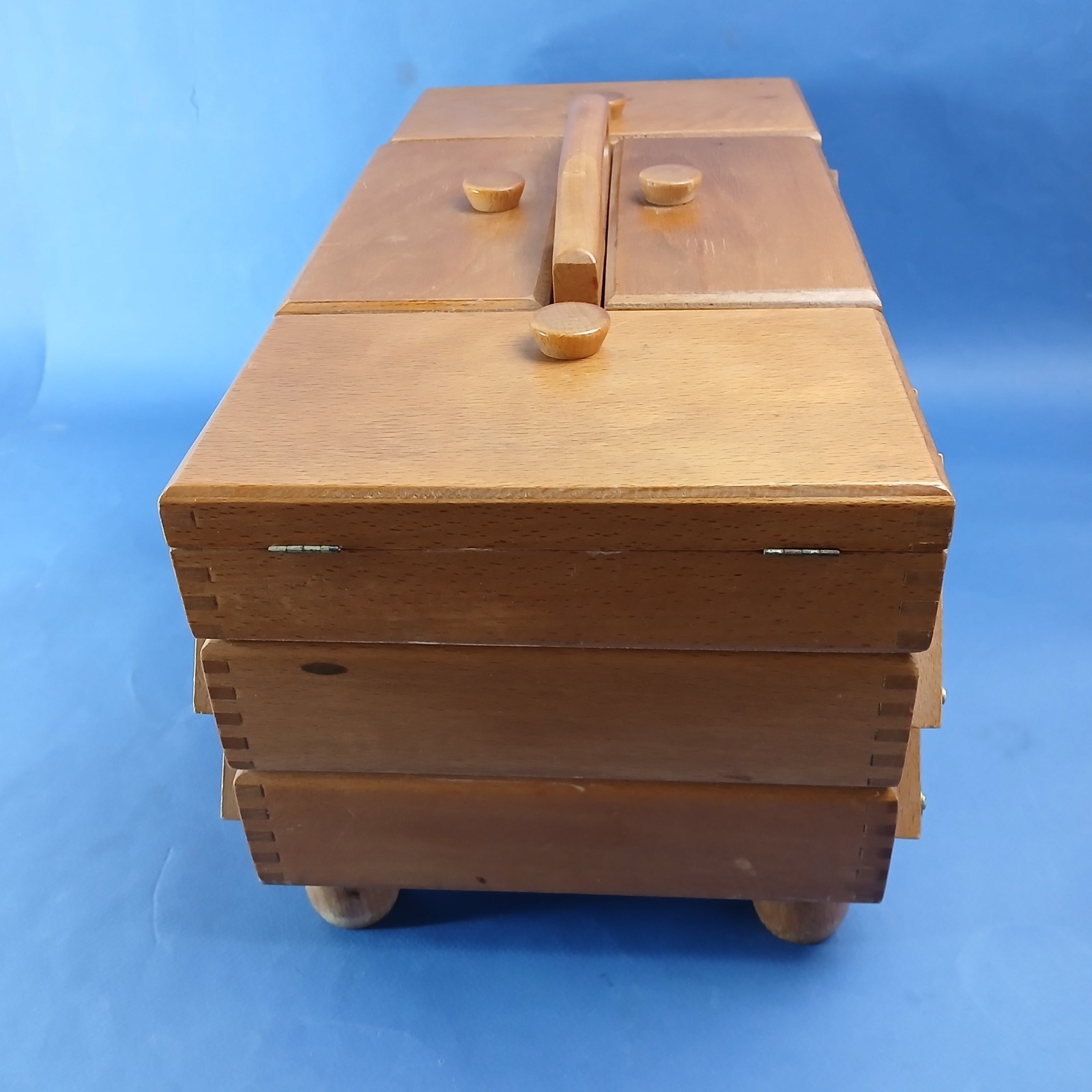 VTG Wood Accordion Sewing Box On Legs  Handle Fold Out/Romania 18.5x12x9