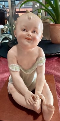 Antique Gebrüder Heubach German Bisque Porcelain Piano Baby Sitting Figurine 5''