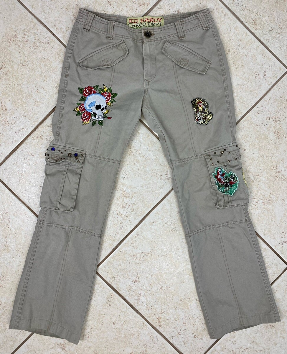 VTG Ed Hardy Khaki Cargo Pants Womens 27 Skull Patches