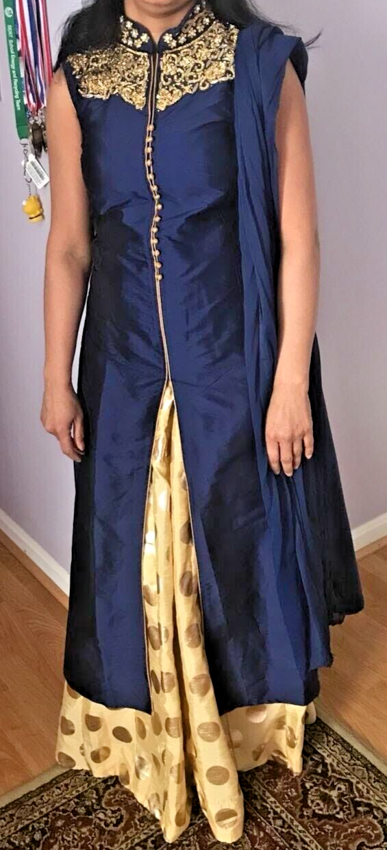 Elegant Blue and Gold Embroidered Kurti & Skirt Set with Dupatta – Festive Wear