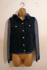 Denim & Co Blue Grey Denim Cotton Hooded Rib Knit Biker Bomber Jacket 10 12 14