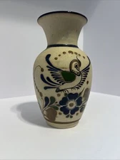 Hand Painted Art Pottery Mexican Tonala Bird Flowers Floral Vase Signed 9”