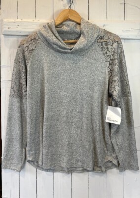 89th + Madison NWT Women s Gray Knit Top Lace Shoulder SZ Large Cowl Neck My