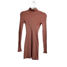 Free People Beach Mini Dress XS Brown Mock Neck Ribbed Knit Long Sleeve Boho