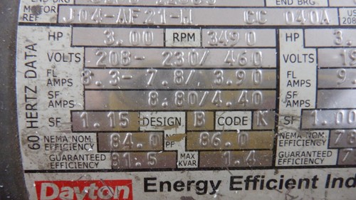 Electric motor 3 phase 3 HP Dayton 208-230-460 volts 3490 RPM at 60 hertz. - Picture 5 of 7