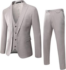 Men  s Slim Fit One Button 3-Piece Suit, Jacket Vest  Pants, Lt. Beige XS B14 