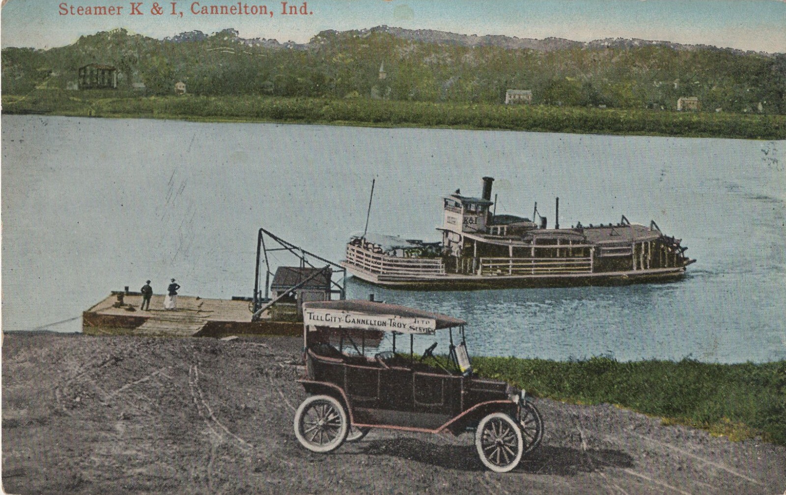 c1912 Cannelton, Indiana Steamer & Touring Car with Sign Postcard Hand