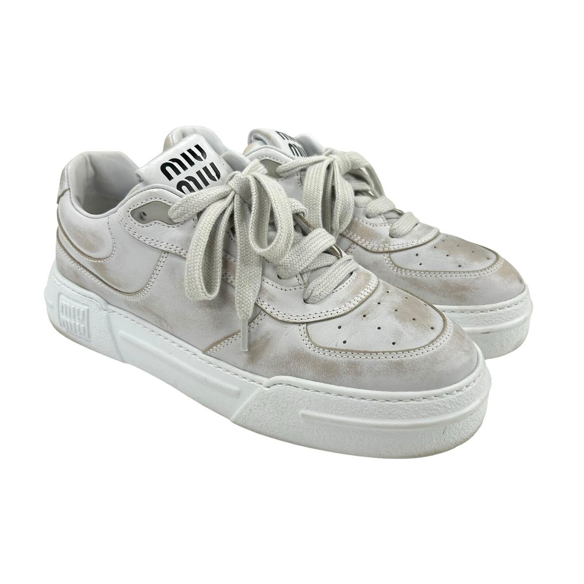 Miu Miu White Bleached Leather Lace Up Fashion Sneaker 10 | eBay Miu Miu White Bleached Leather Lace Up Fashion Sneaker 10 | eBay