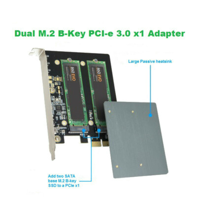 Dual M.2 B Key SATA SSD PCI-e PCIe 3.0 x1 Adapter with Heatsink JMB582 Chipset