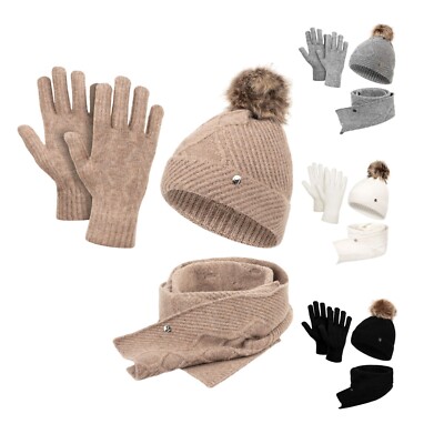 Mütze Schal Handschuhe Set Damen Bommelmütze Strickmütze warm Winterschal