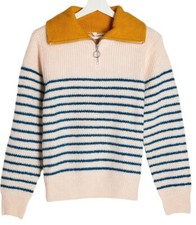 Naf Naf Quarter Zip Collared Knitted Striped Jumper Ecru/Navy RRP £49.99