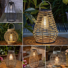 Solar LED Brown Grey Rattan Style Filament Hanging Outdoor Garden Table Lantern