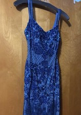 Sherri Hill Blue Beaded Fringe Mini dress Lace Up Sweetheart Size 6