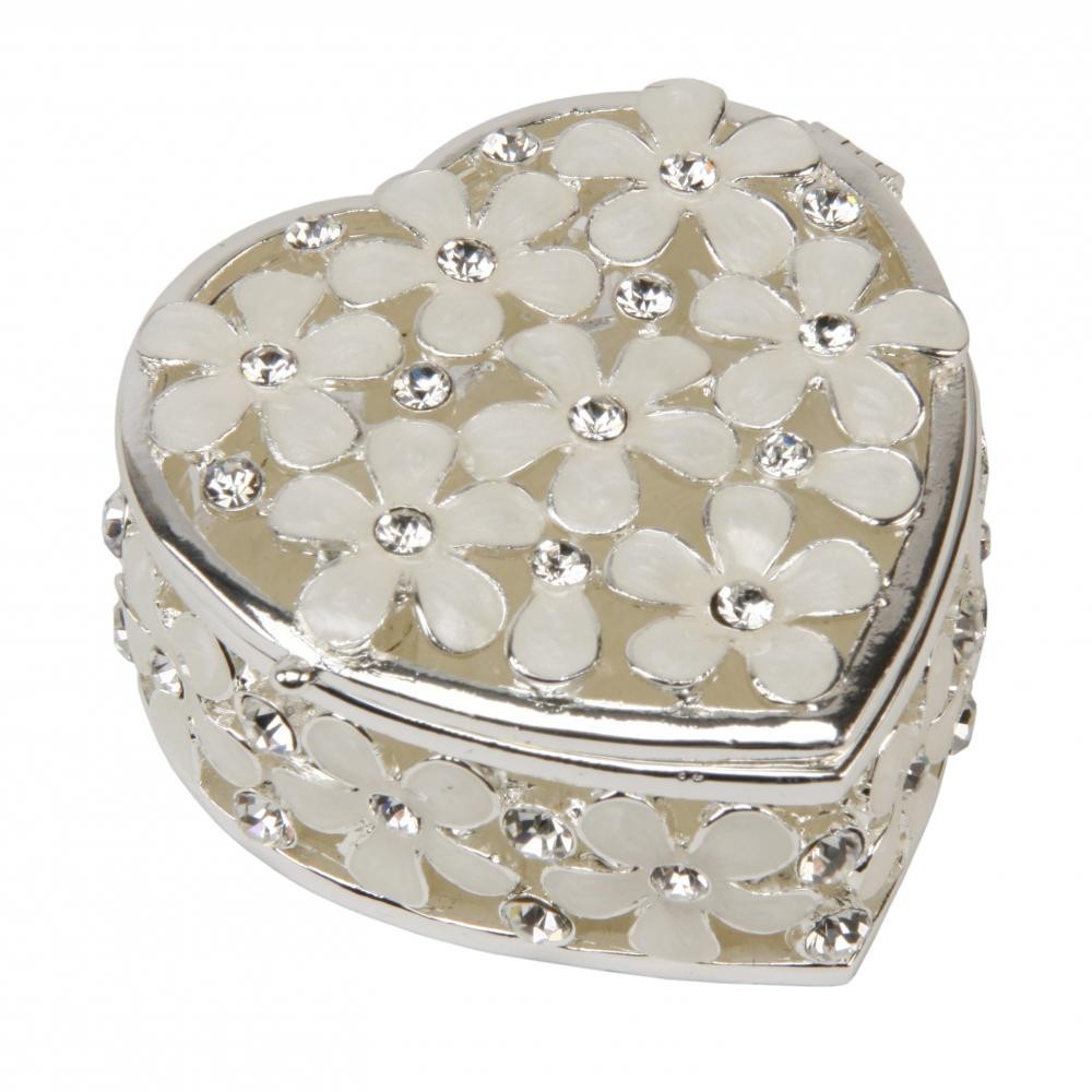 Sophia Heart Shape Trinket Box with Cream Flowers & Crystals