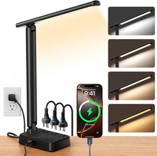 LED Desk Lamp with Power Strip, 3 AC Outlets  4 USB Ports 2 USB-C , Stepless D