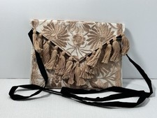 Mexico artisanal embroidered Floral fringe pom pom shoulder/clutch bag Tan
