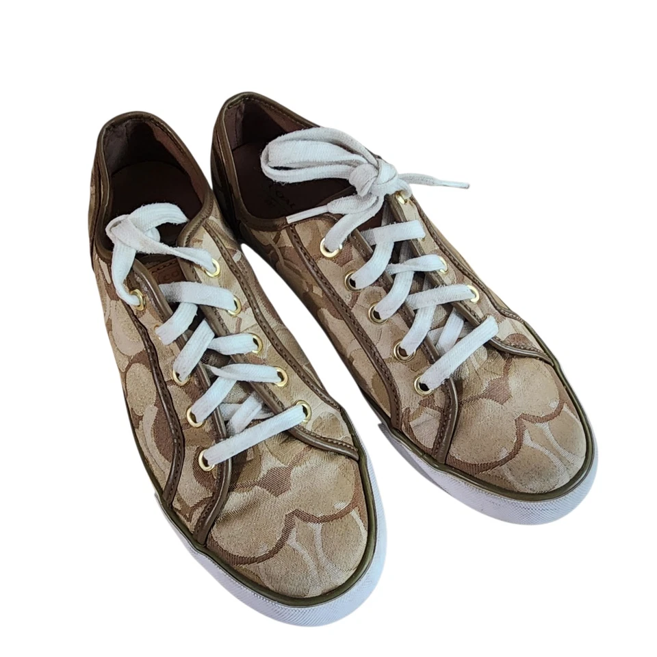 Coach Dee Optic C Khaki Womens sz 9 M Tan Brown Sneakers Shoes White Lace Up COA - Image 2 of 4