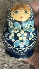 Russian Matryoshka Nesting Dolls Blue Floral Hand-Painted Handmade Set