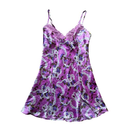 Vintage Victorias Secret Y2K Silky Satin Purple Floral Print Mini Slip Dress XS