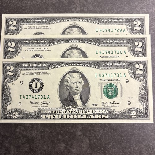 2003 Two Dollar CH/CU THREE Consecutive $2 Notes UNC GEMS CH/CU District I CRISP - Picture 4 of 11