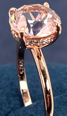 Ring. Rose Gold Over 925 Silver Pink Morganite w/ Clear Crystal Around Basket