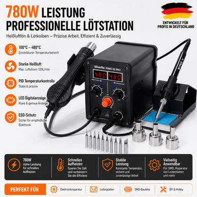 Silverflo 750W 2 IN 1 LED Heißluft Rework Lötstation Lötkolben Entlötstation Set