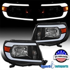 For 2005-2011 Toyota Tacoma Black Headlights W Led Tube Bar Turn Signal Lamps