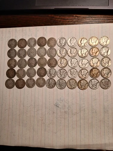 50 US silver dimes 1900-1945 23 Barber 27 Mercury