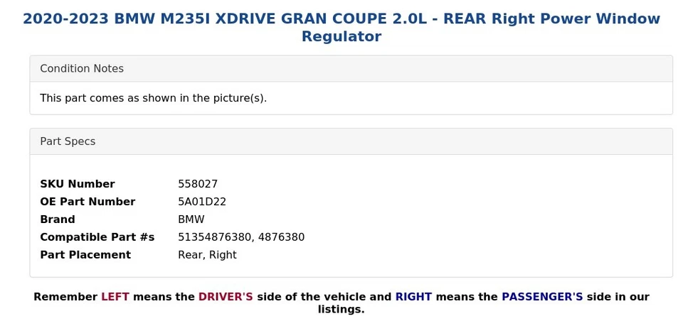BMW M235I XDRIVE GRAN CUPÉ 2020-2023 2,0 L - regulador de ventana eléctrica trasero derecho Foto 3 de 4