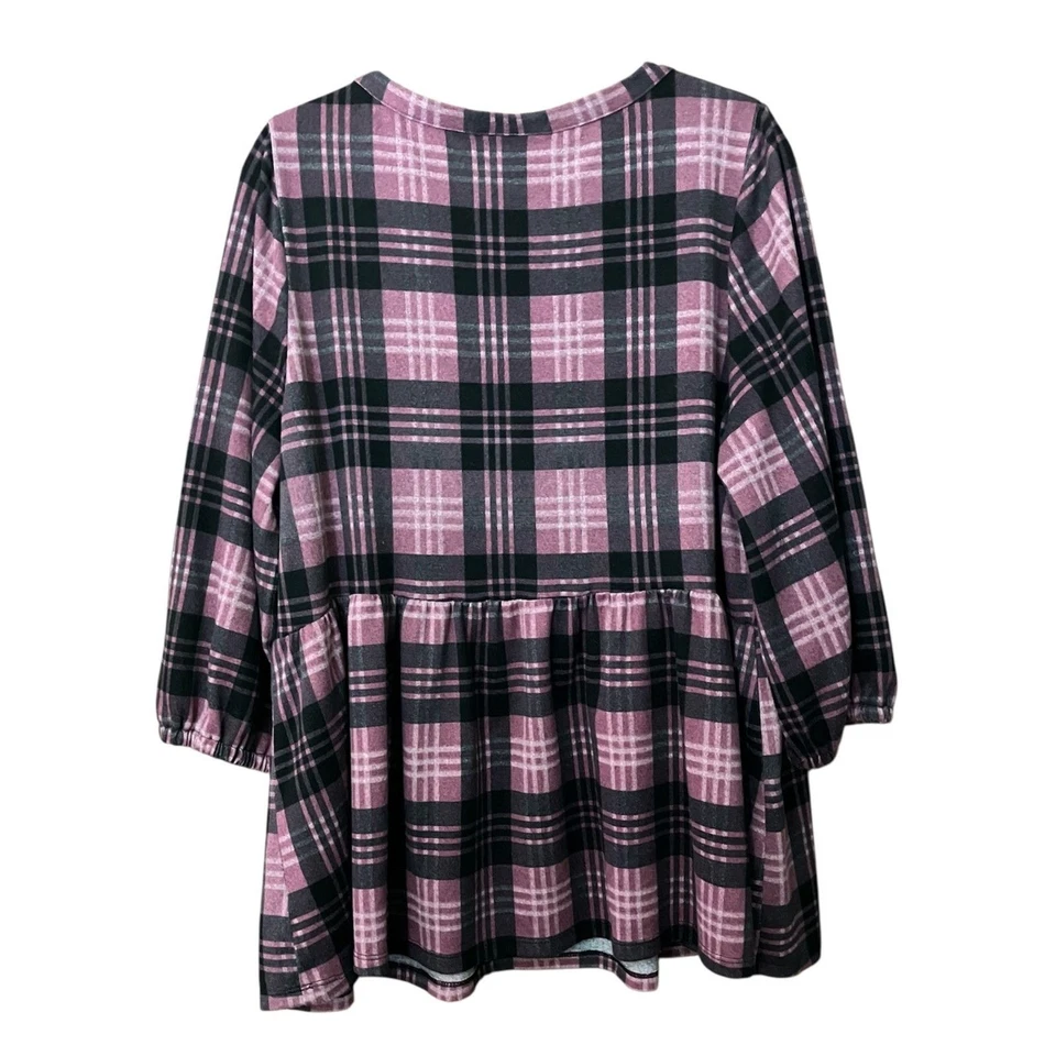 Blusa Lane Bryant a Cuadros Columpio Manga 3/4 Henley Babydoll Top Foto 4 de 4