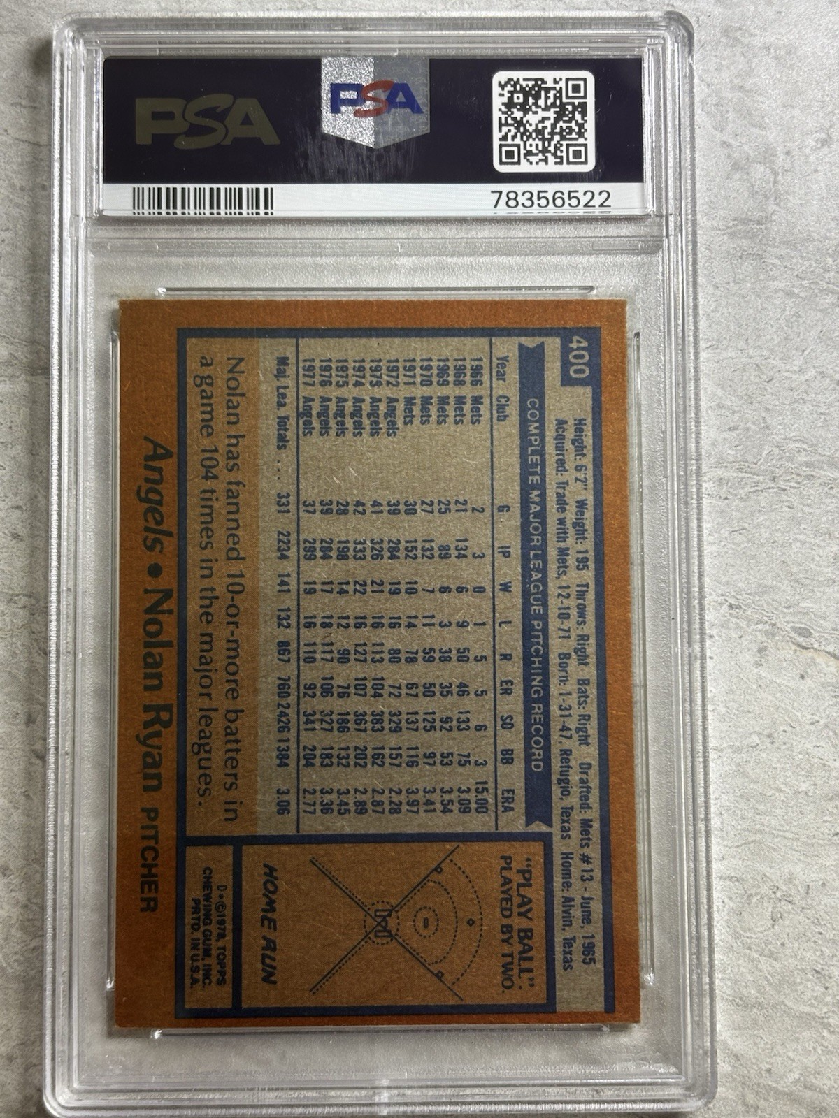 1978 TOPPS #400 NOLAN RYAN PSA 5 view 2