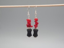 Rote Koralle & Onyx Ohrringe, 925 Silber, rot schwarze Ohrhänger