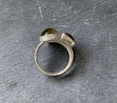 Bague Sertie En Argent 925 Et Or 24 Carats - Avec Une Tourmaline Bicolore Naturelle - Taille 50 1/2, Marque Bimonia (neuve Avec étiquettes)