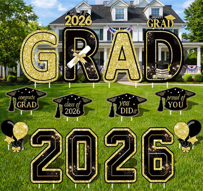 Graduation Yard Signs Class of 2026 Decorations, 16PCS Large Black and Gold Cong