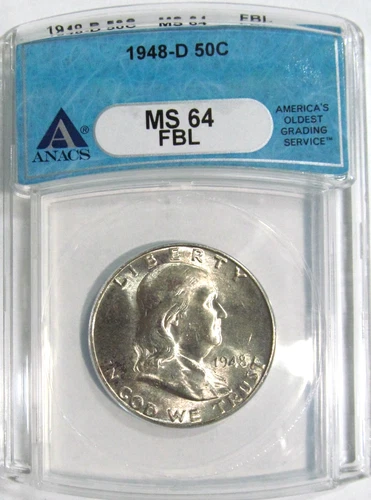 1948-D FRANKLIN Silver Half Dollar ANACS MS 64 FBL