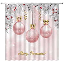 Christmas Shower Curtain Pink Xmas Ball Stars Dreamy Winter Fabric Decor