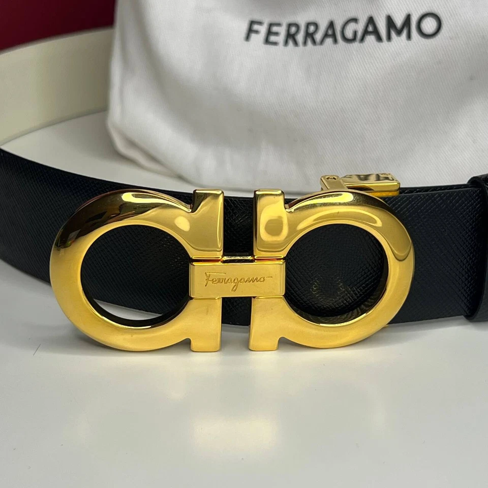Auténtico SALVATORE FERRAGAMO Cinturón Hombre Reversible Blanco y Negro Hebilla Dorada Foto 3 de 4