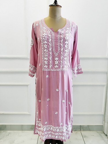 Rakul Preet Bollywood Inspired Pink Muslin Chikankari Straight Kurti Kurta - Picture 2 of 5