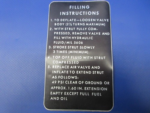 Cessna 310R Nose Gear Filling Instructions Placard P/N 0842150-1 NOS (0125-1311)