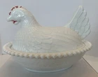 White Red Hen Chicken on Nest Nesting Vtg Indiana Milk Glass Candy Trinket Dish