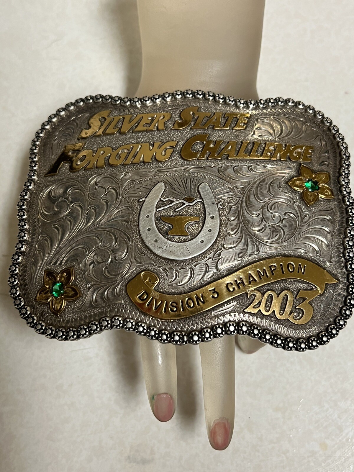 NICK CUNNINGHAM CHAMPIONSHIP BELT BUCKLE STERLING EMERALD SILVER ESTATE