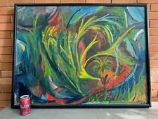 Vintage MCM Multi-color Abstract Oil Painting Framed Signed Thaxton Modern Art