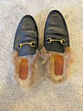 Gucci 1050 Princetown Apron Toe Mules Fur Trim in Black Leather Size 38.5