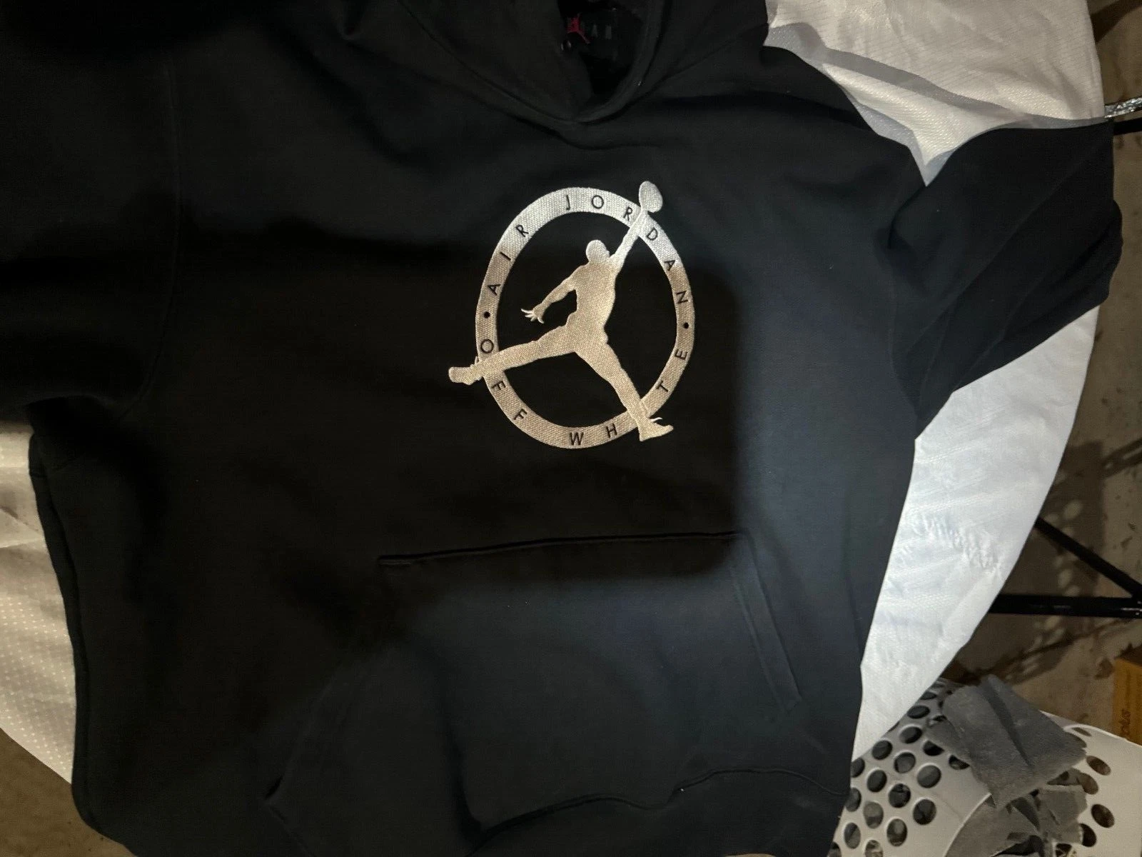 OFF WHITE Felpa con cappuccio Nike Air Jordan x Off bianca pullover pile nera da uomo taglia Lg *leggi sotto*