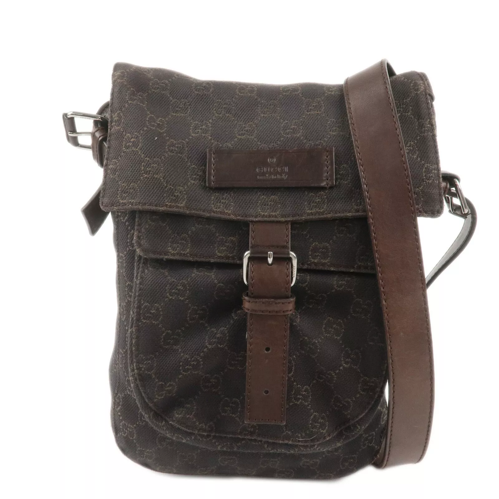 Authentique sac à bandoulière GUCCI GG toile cuir marron foncé 101654 occasion F/S