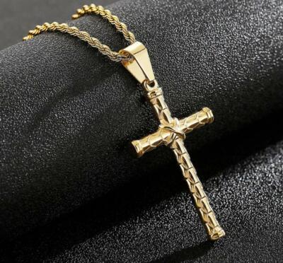 Simple Fashion Cross Necklace for Men boys Gold Stainless Steel