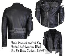Men's Diamond Quilted Kay Michael Soft Leather Black Slim Fit Biker Jacket- BNWT